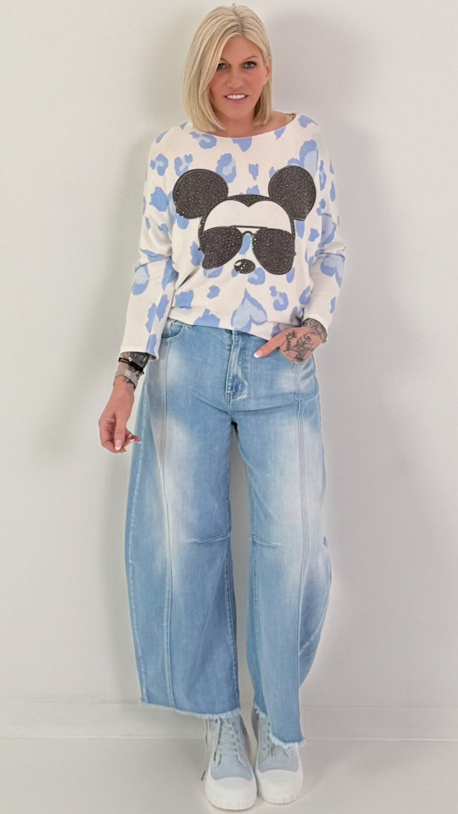 Lichtgewicht trui met all-over print - lichtblauw en wit