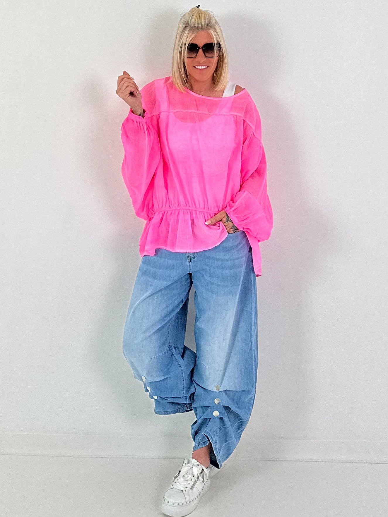 Tunic with flounce hem - neon pink