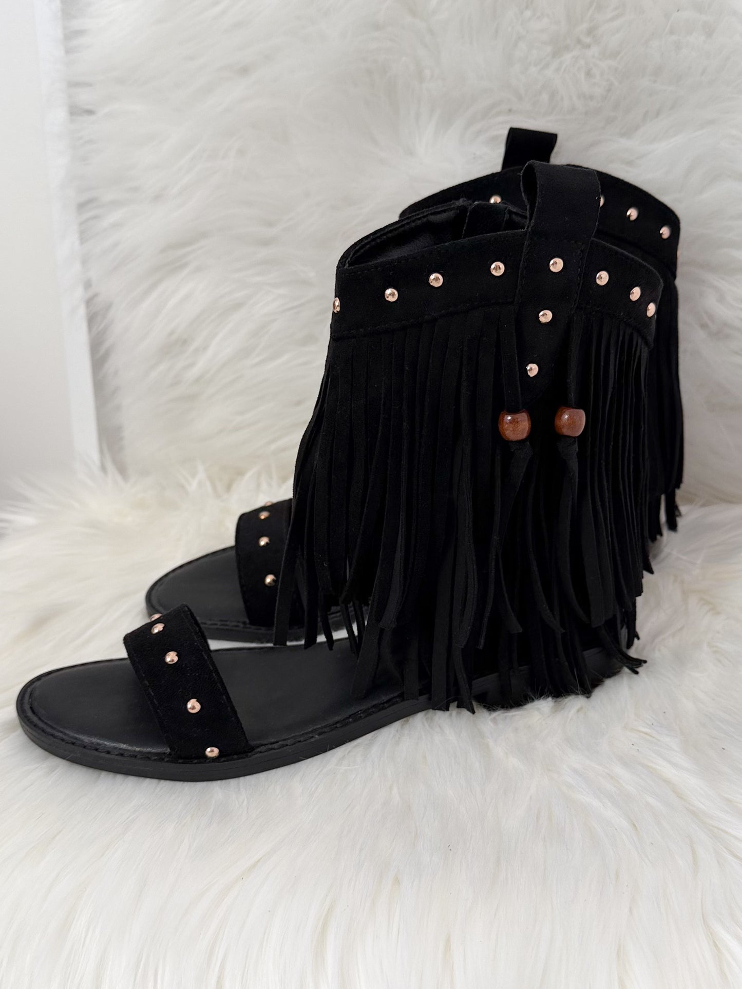 Boho Sandalen mit Fransen - schwarz