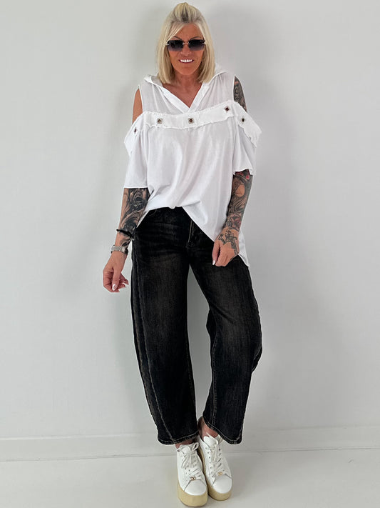 Hoodie Shirt with Cut Out Shoulder - white