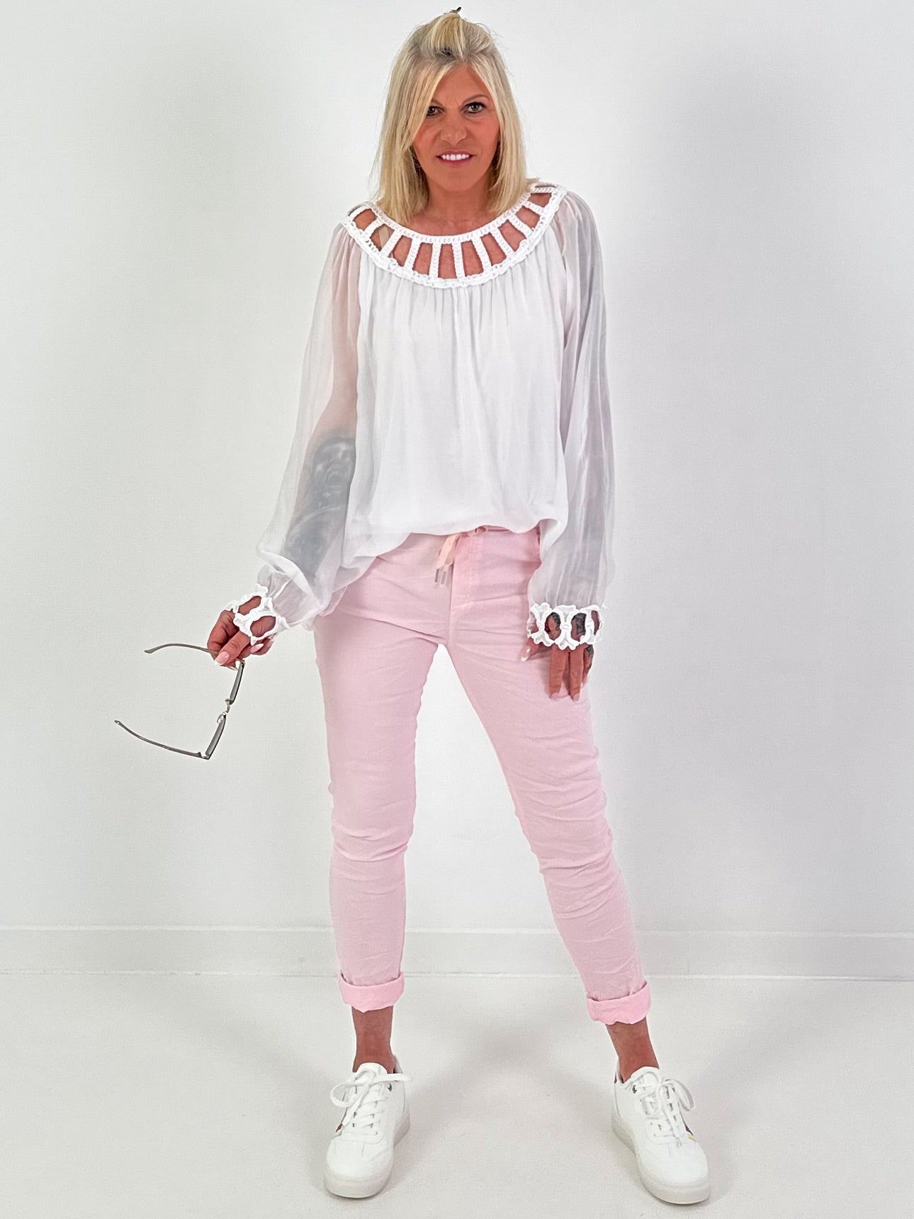 Silk Tunic with Crocheted Neckline - White