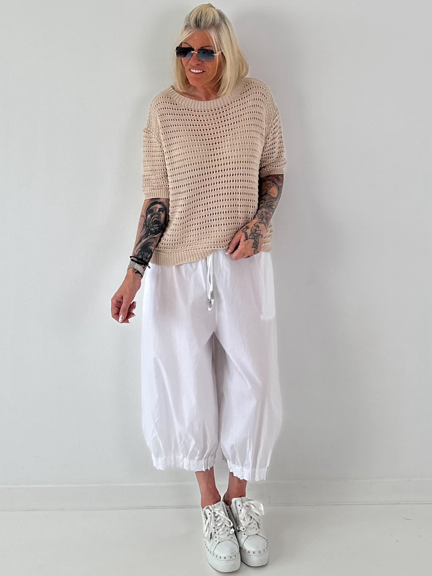 Strick Shirt mit Lochmuster - beige