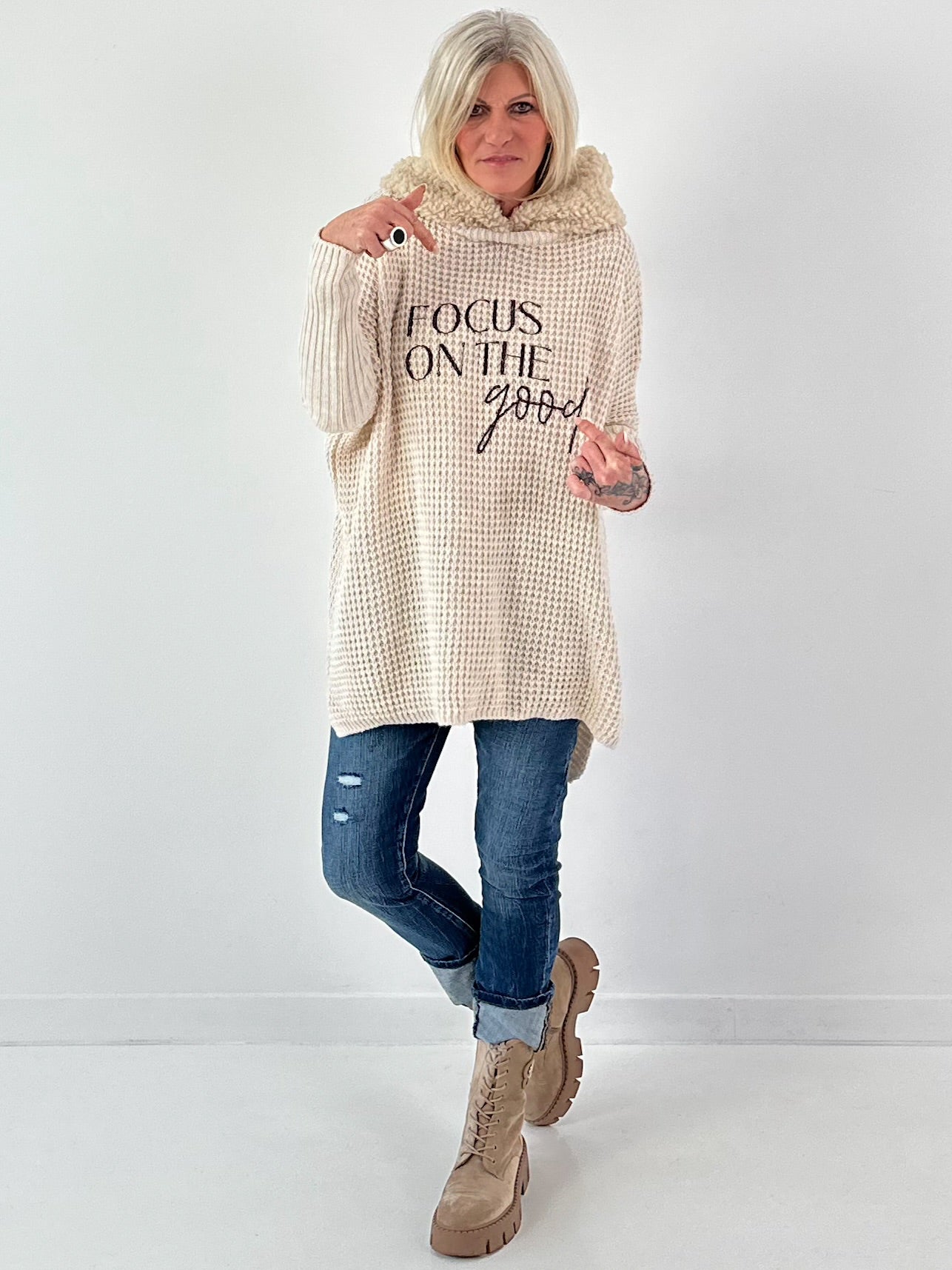 Pullover mit Teddy Kapuze Modell "Good Focus" - beige