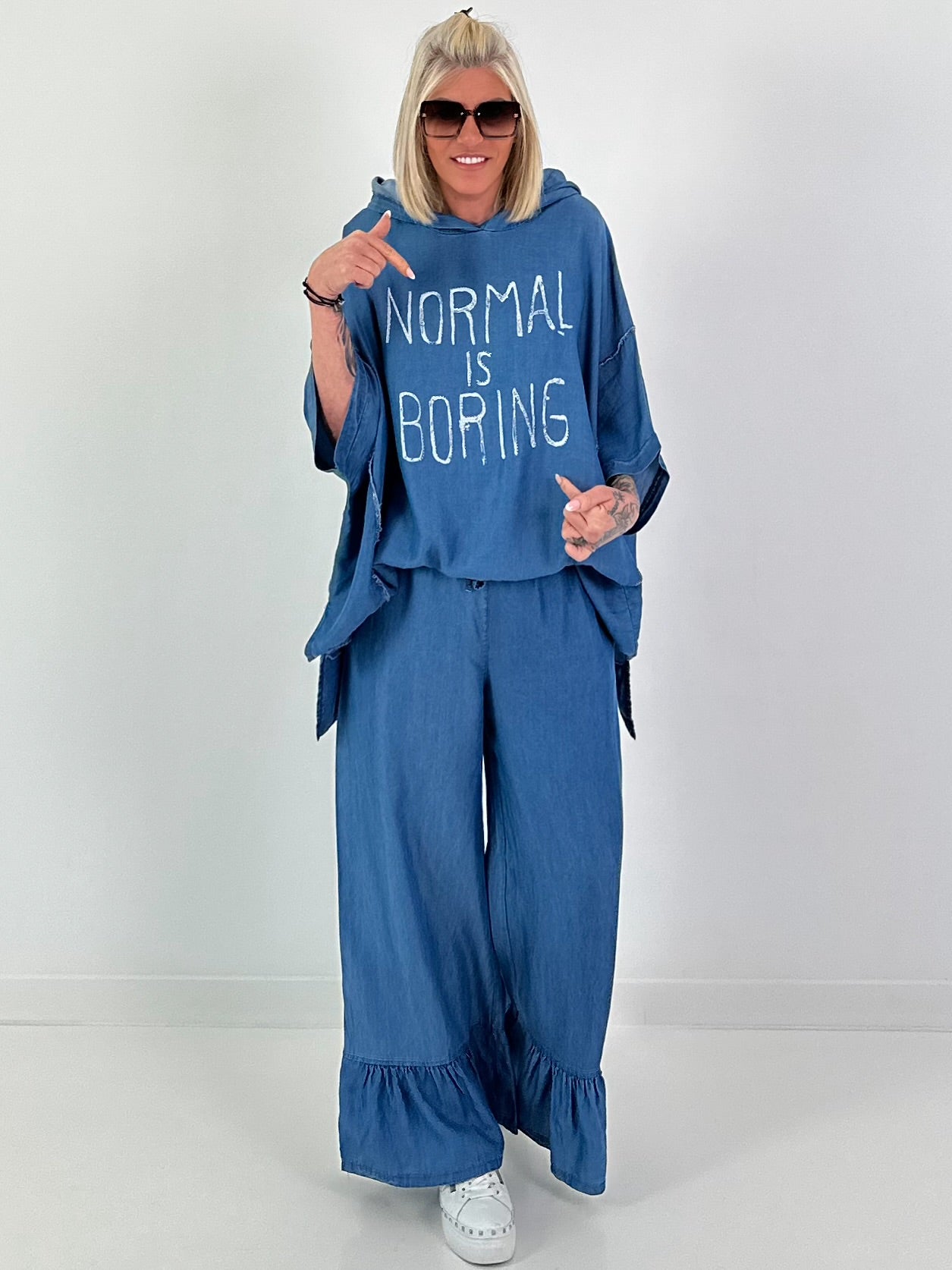Oversized Hooded Denim Shirt - Dark Blue