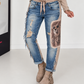 Jeans mit Sweat-Einsatz und Strassmotiv Gepard - denim-beige