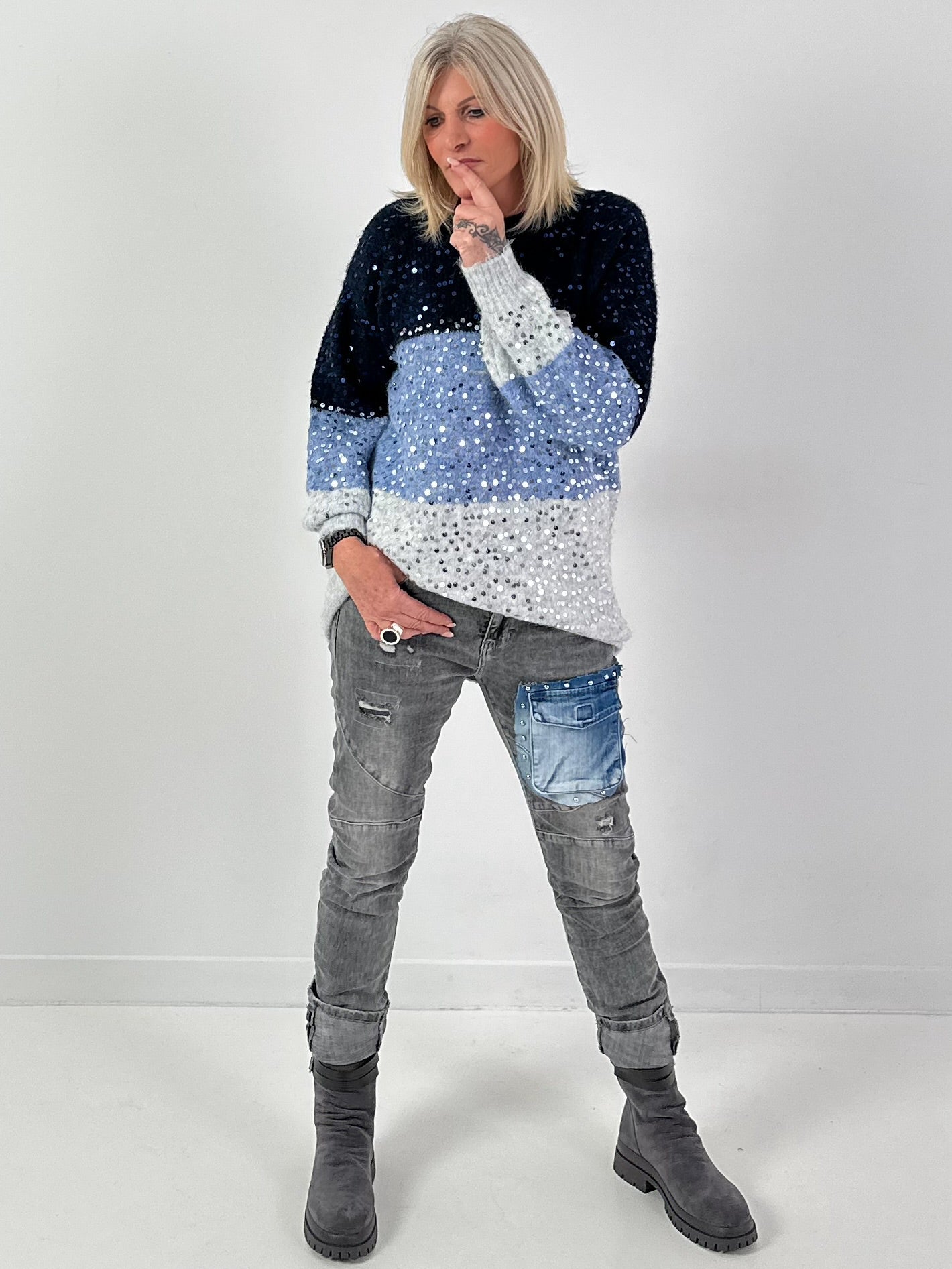 Long pullover model "Block Spark" - blue-multicolour