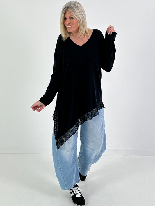 Shirt mit Spitzenabschluss - schwarz