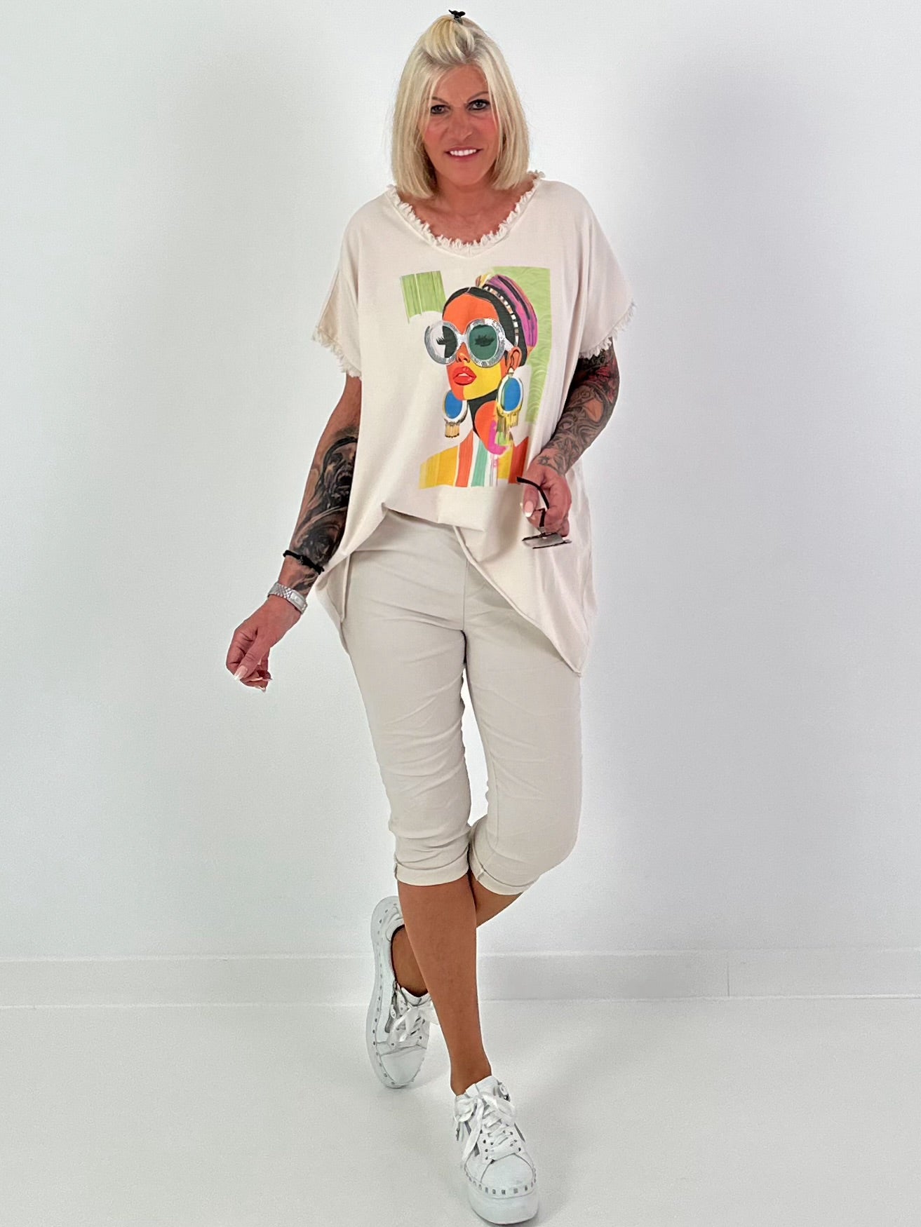 Oversized Shirt with Front Print - beige