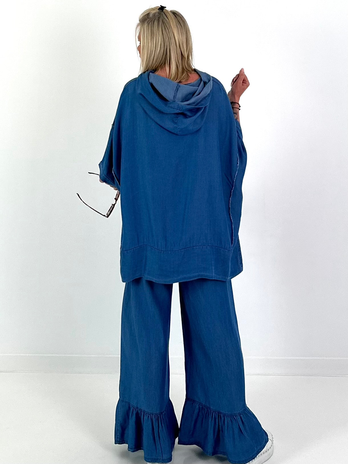 Oversized Hooded Denim Shirt - Dark Blue