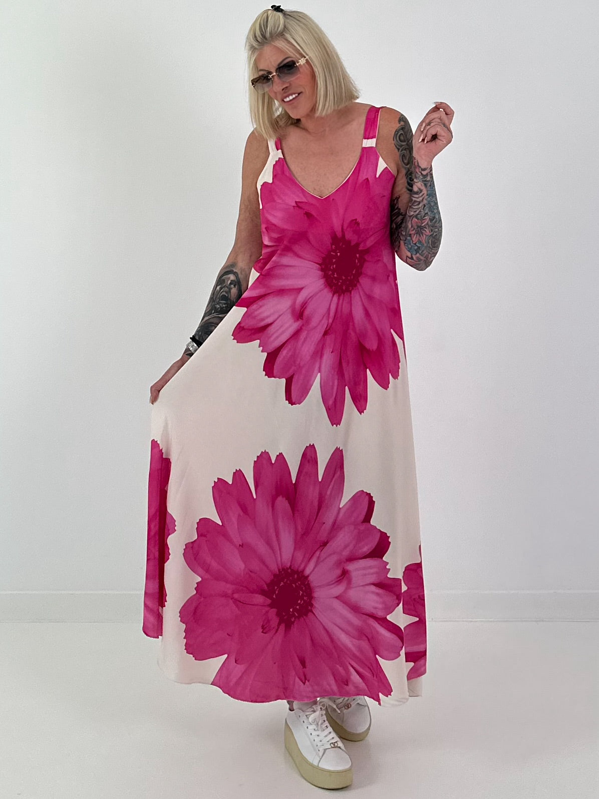 Kleid mit floralem Print - creme -pink