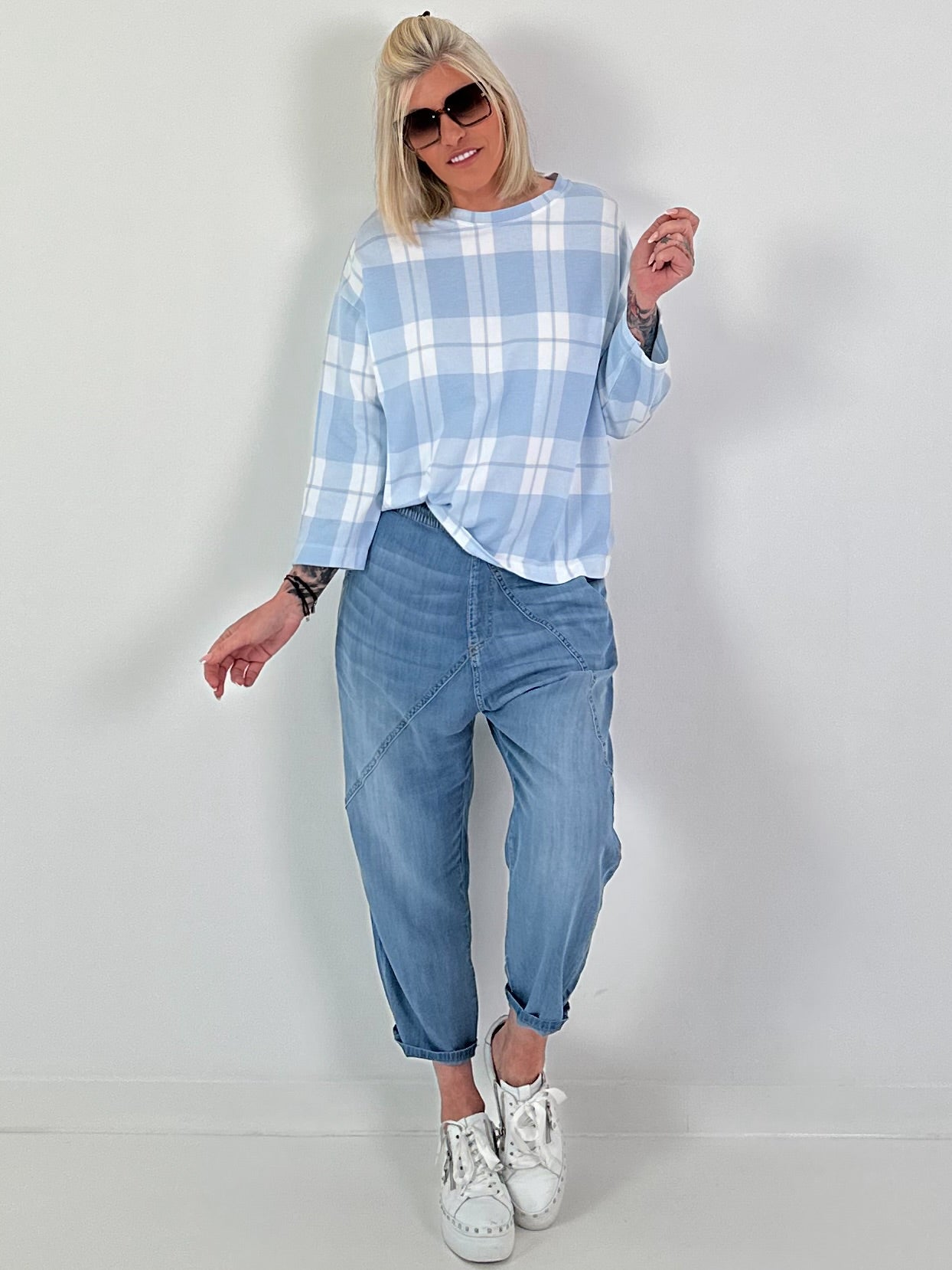 Sweater met ruitpatroon - lichtblauw-wit
