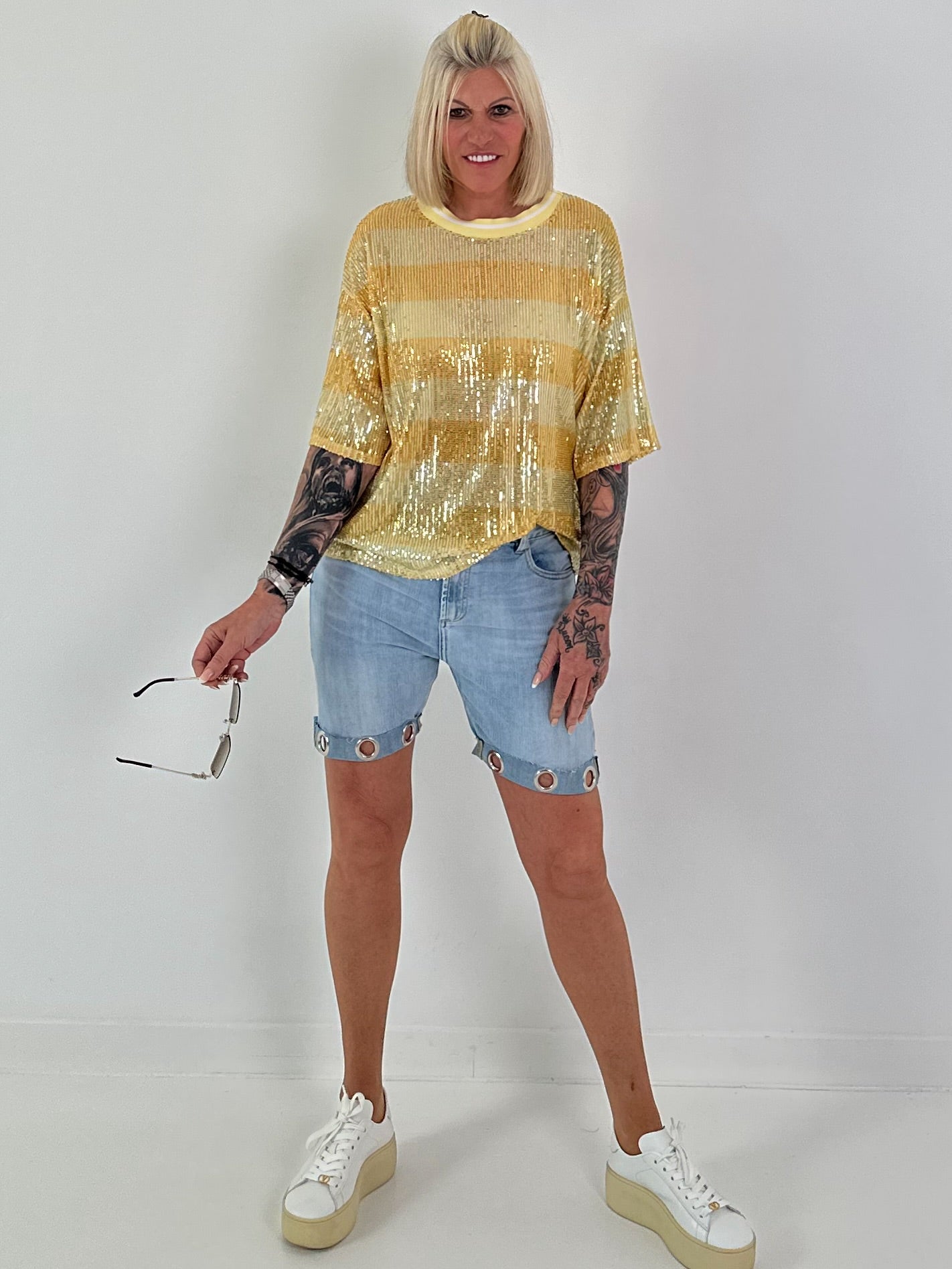 Pailletten Shirt mit Streifen - gelb-champagner