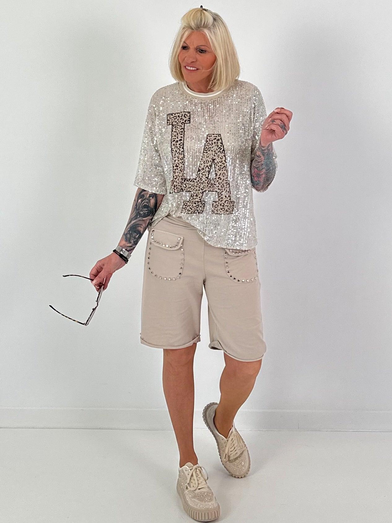 Pailletten Shirt LA - beige-silber