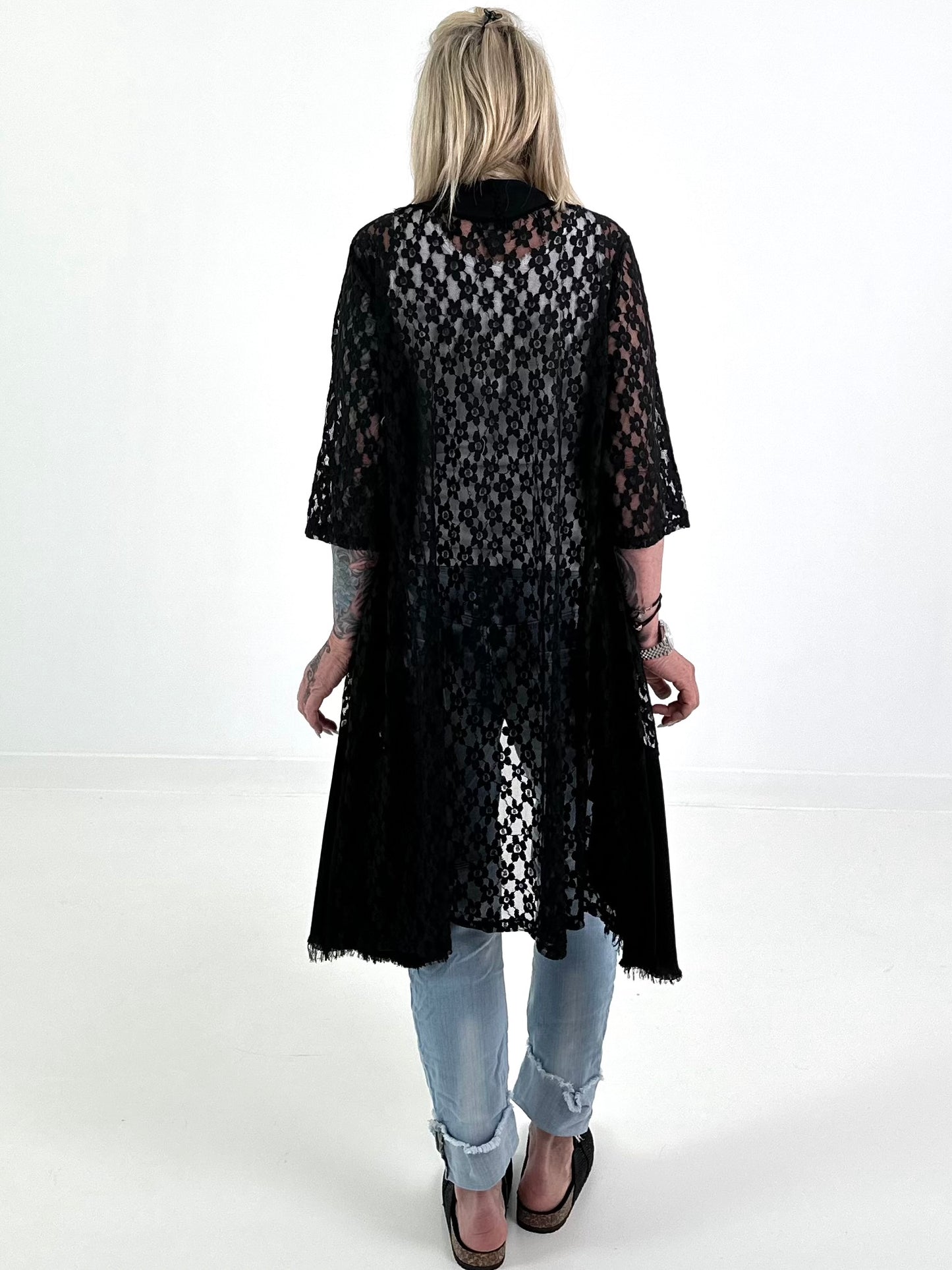 Lace coat in a material mix - black