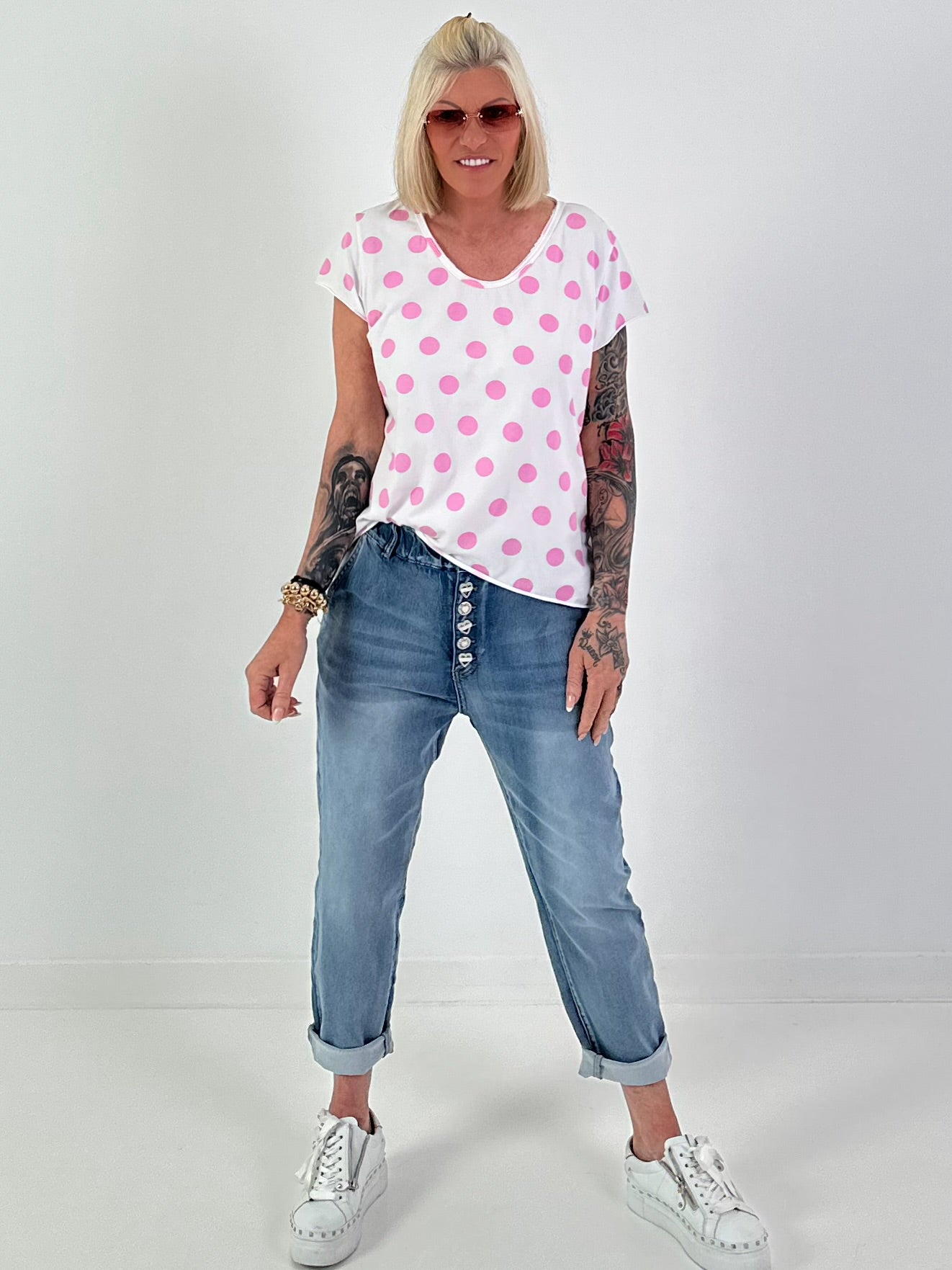 T-Shirt mit Punkten - weiss-rosa