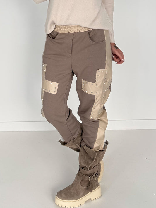 Sweathose im Materialmix - taupe-beige