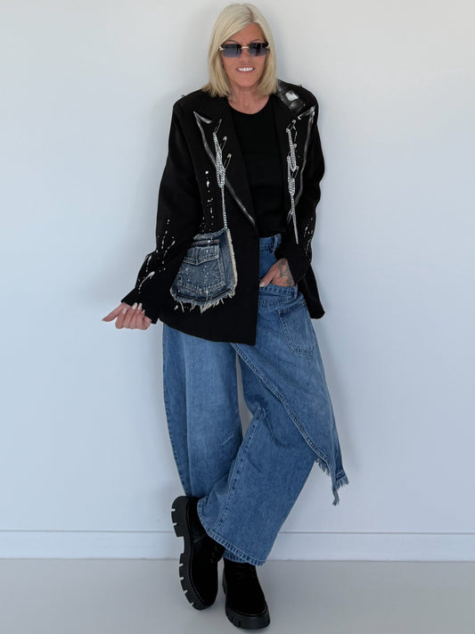 Oversized Blazer mit Denim- und Kettenelementen - schwarz