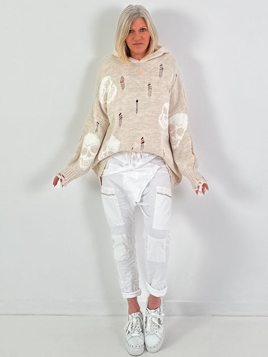 Strick-Hoodie Modell "Broken" - beige-weiss
