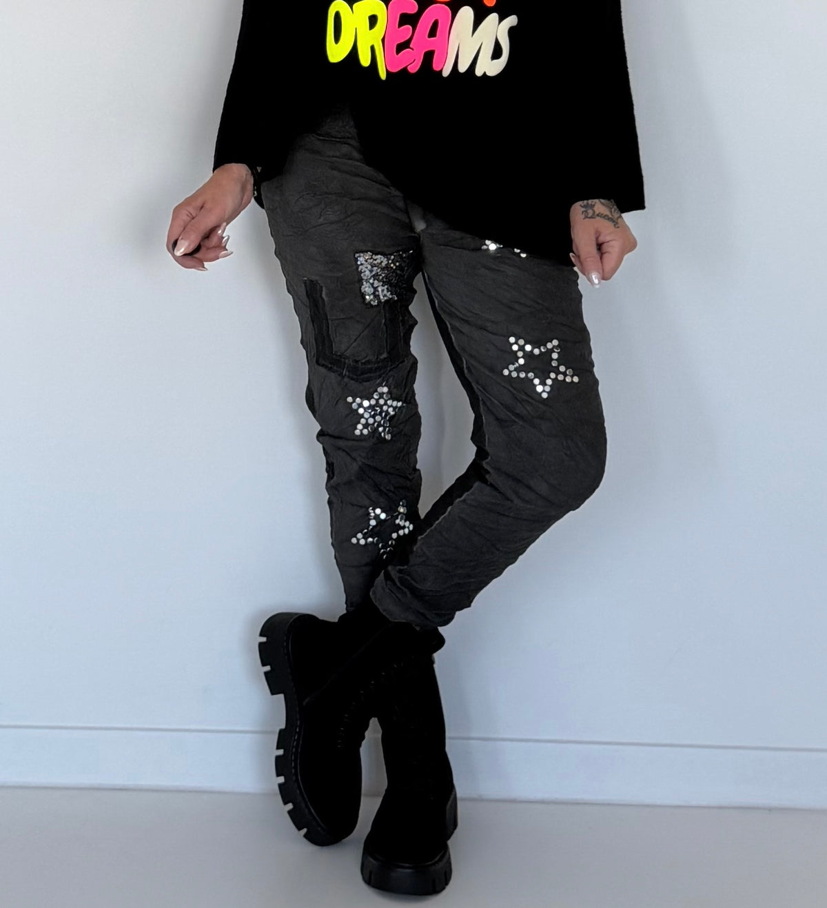 Hose im Materialmix - used-black