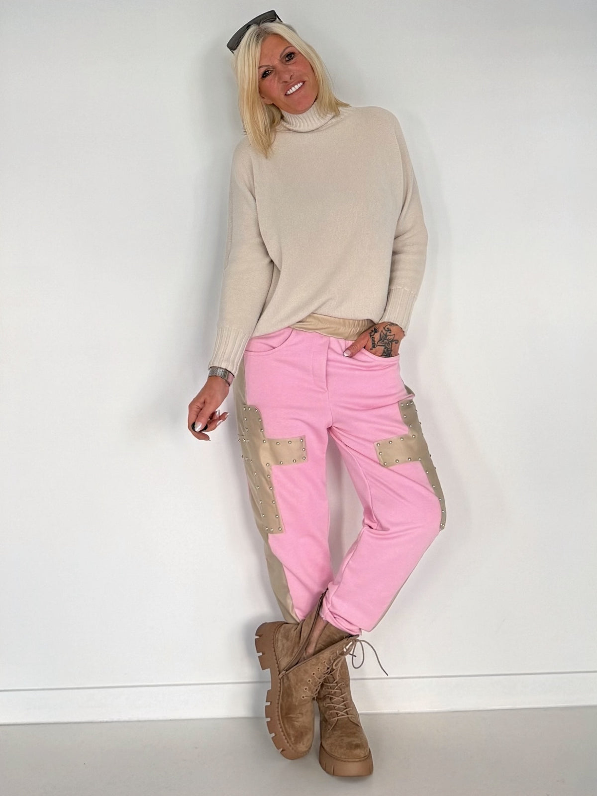 Sweathose im Materialmix - rosa-beige
