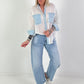 Bluse mit Strasssteinen und Denim-Details - weiss-denim