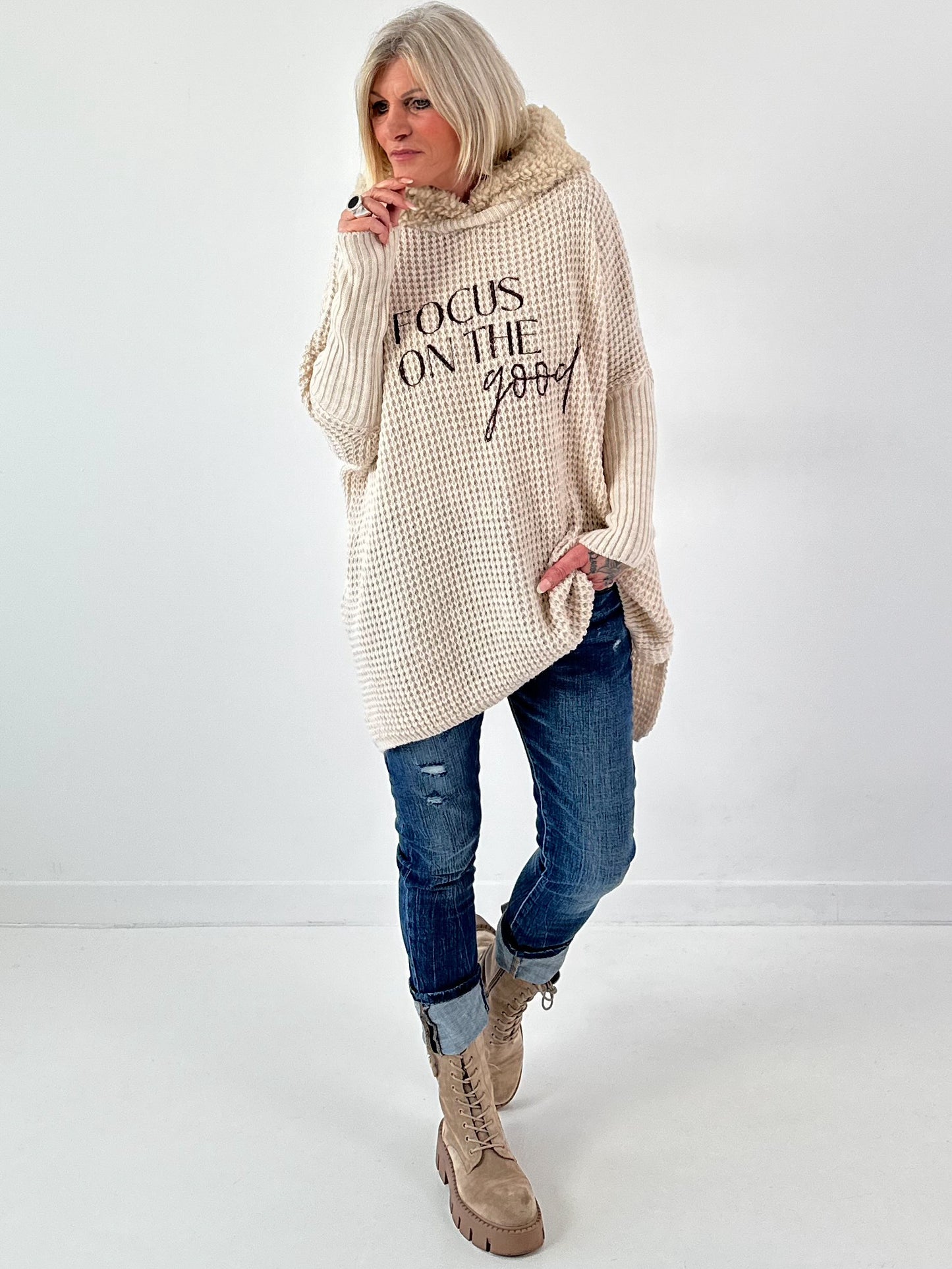 Pullover mit Teddy Kapuze Modell "Good Focus" - beige