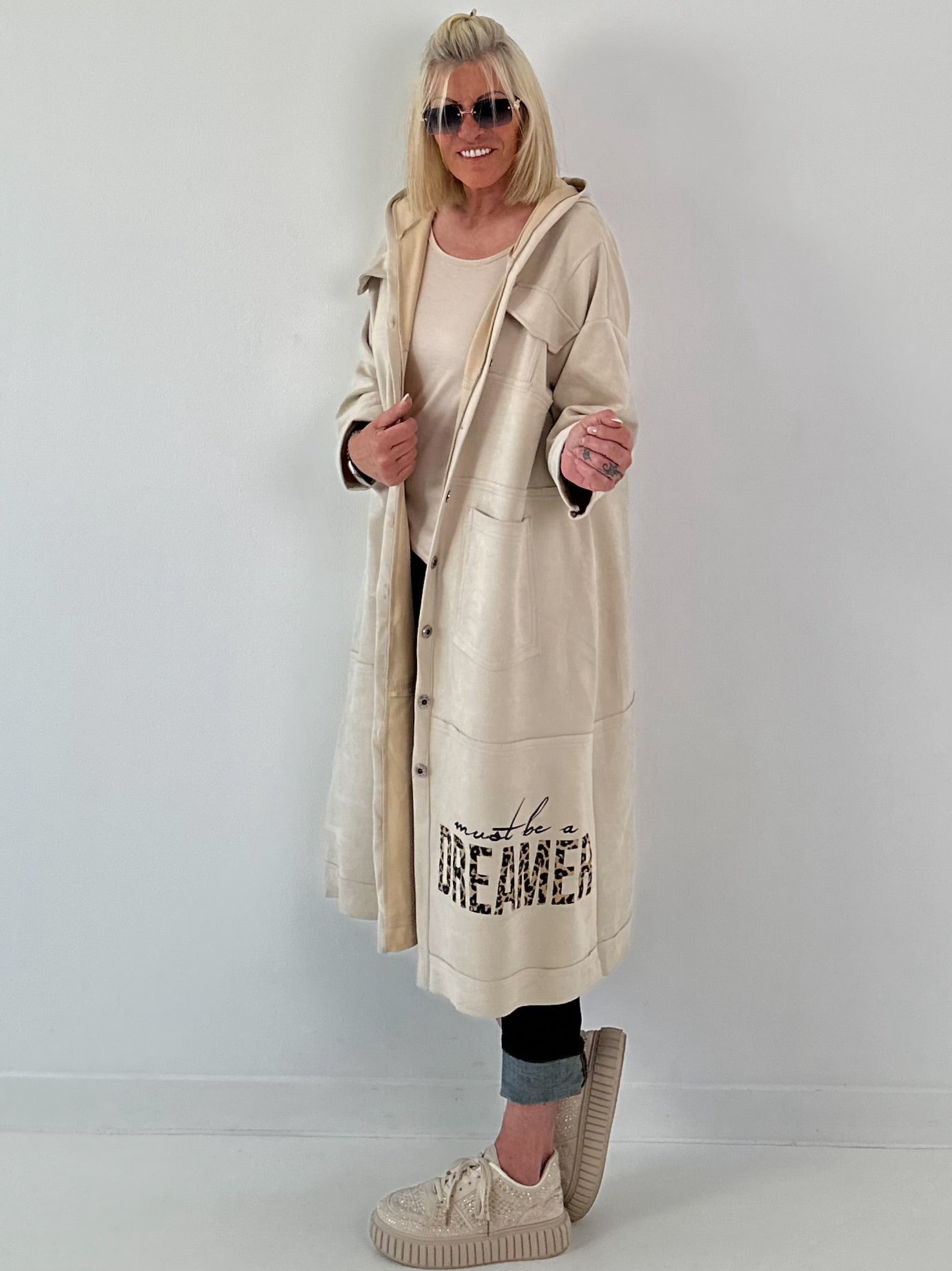 Hooded coat with print - beige