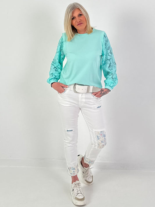 Leichter Sweater mit Spitzenärmeln - mint