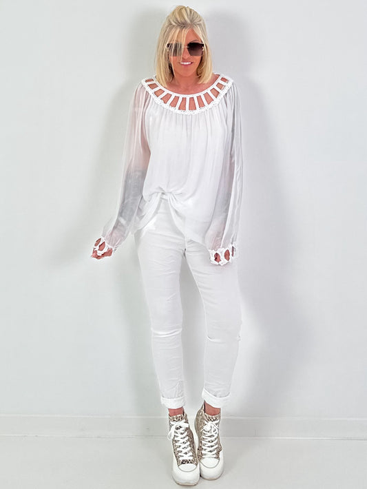 Silk Tunic with Crocheted Neckline - White