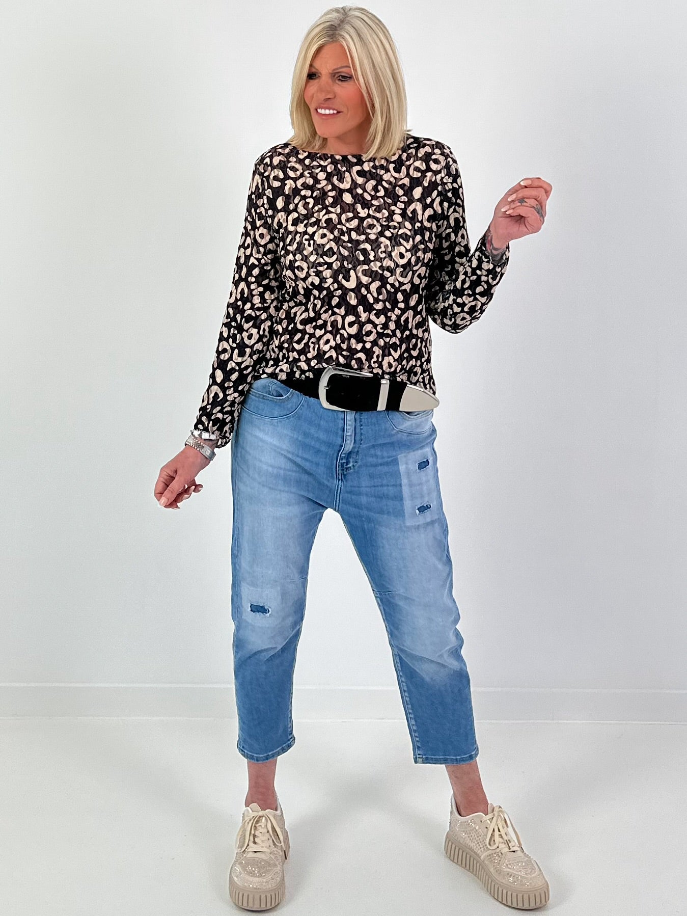 Lace top with leopard print - black-beige