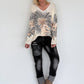 Pullover mit V-Ausschnitt und Botanical-Print - creme-anthrazit