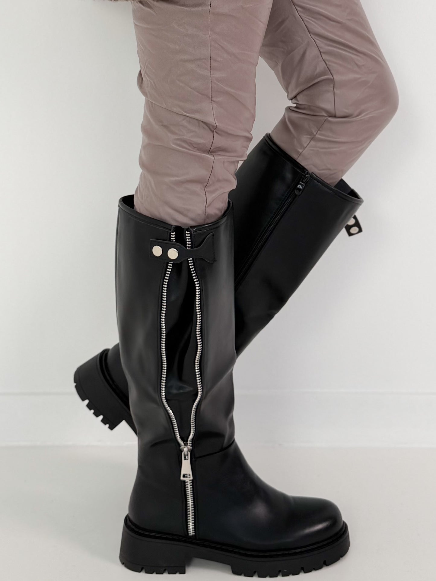 Leather-look boots with elaborate zipper details - black