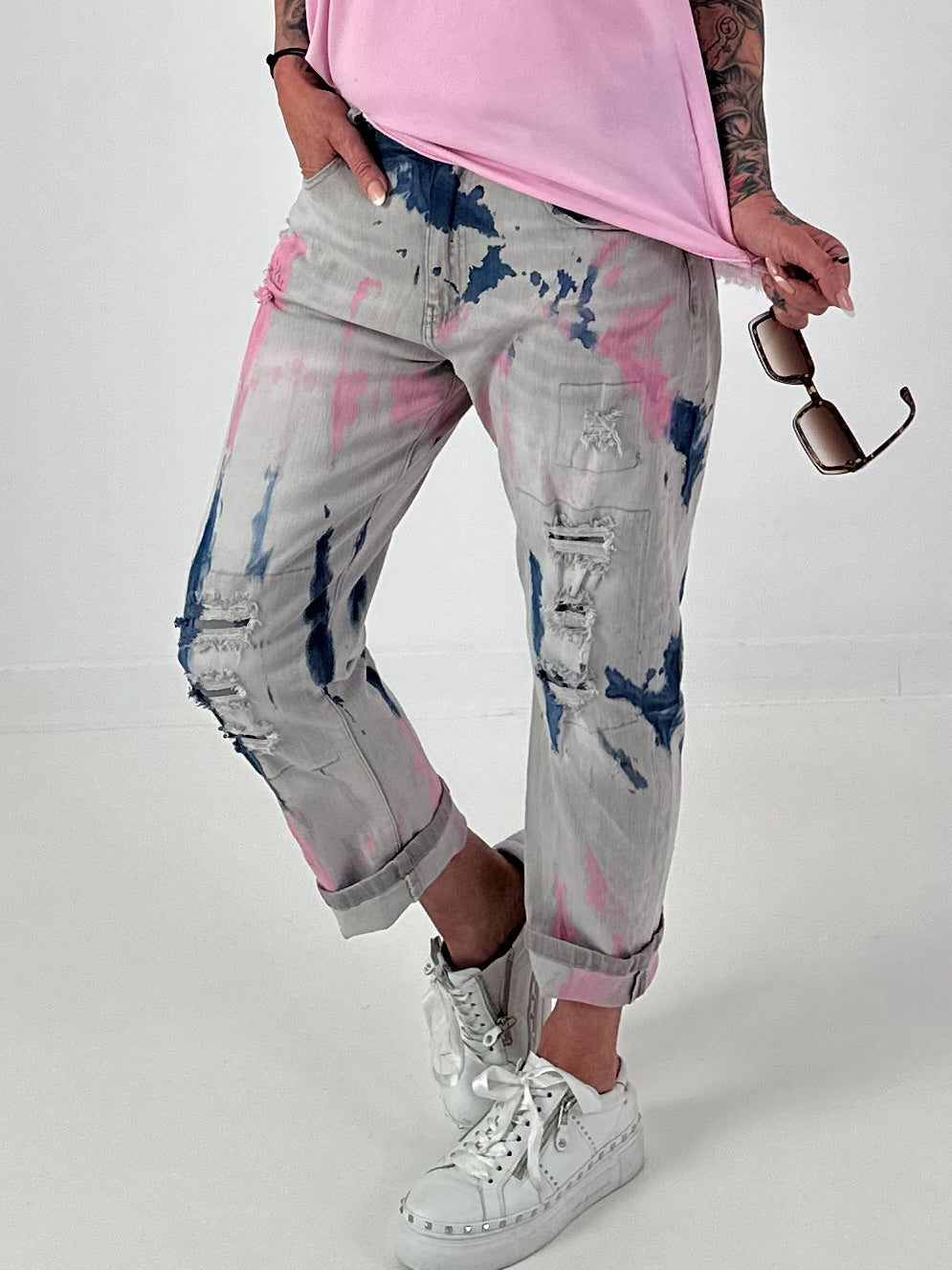 Jeans mit Batikmuster - grau-blau-rosa