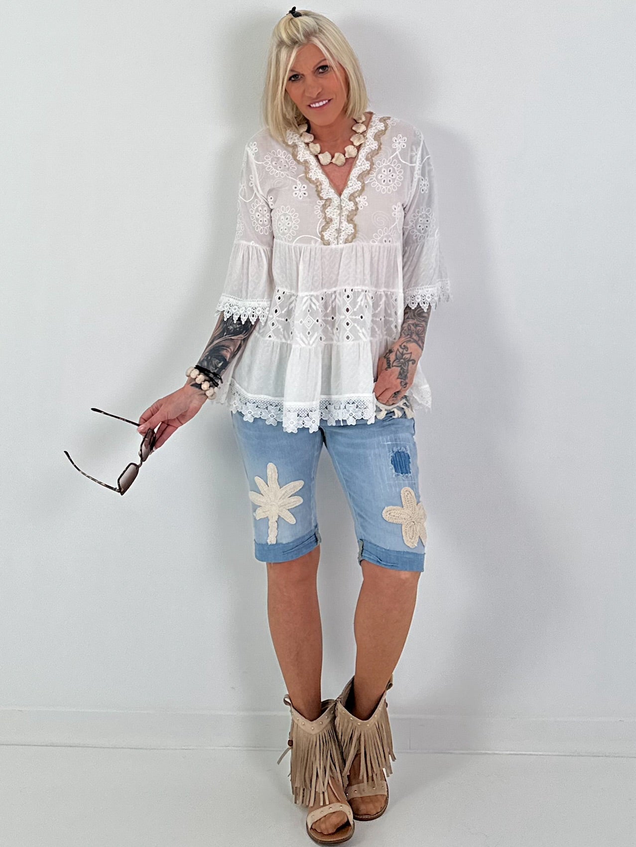 Boho tunic with embroidery and crochet details - white
