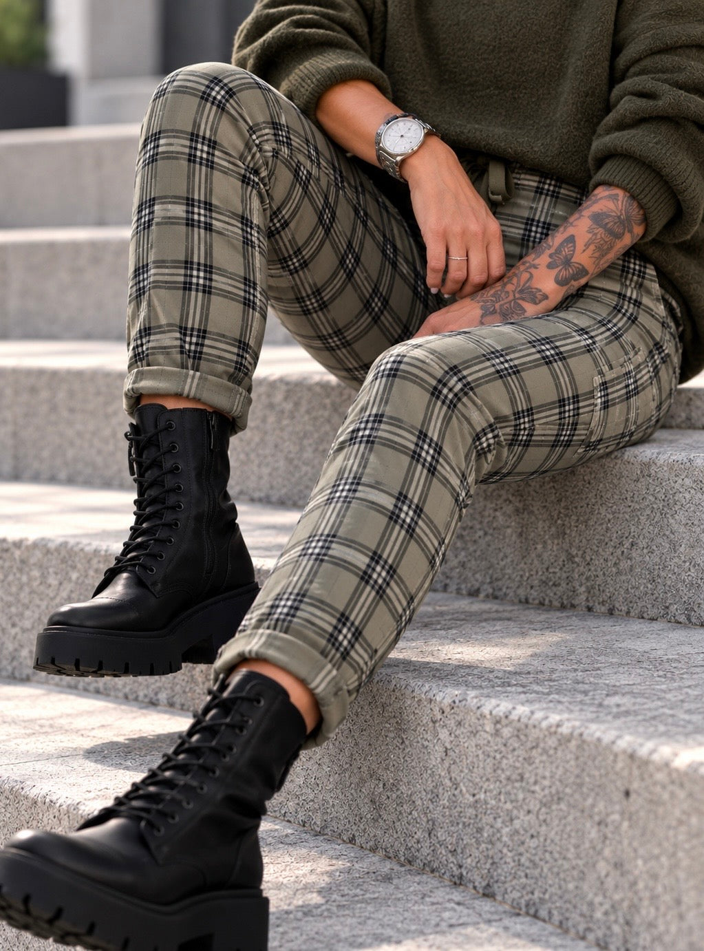 Hose im Karo-Look - oliv-mehrfarbig
