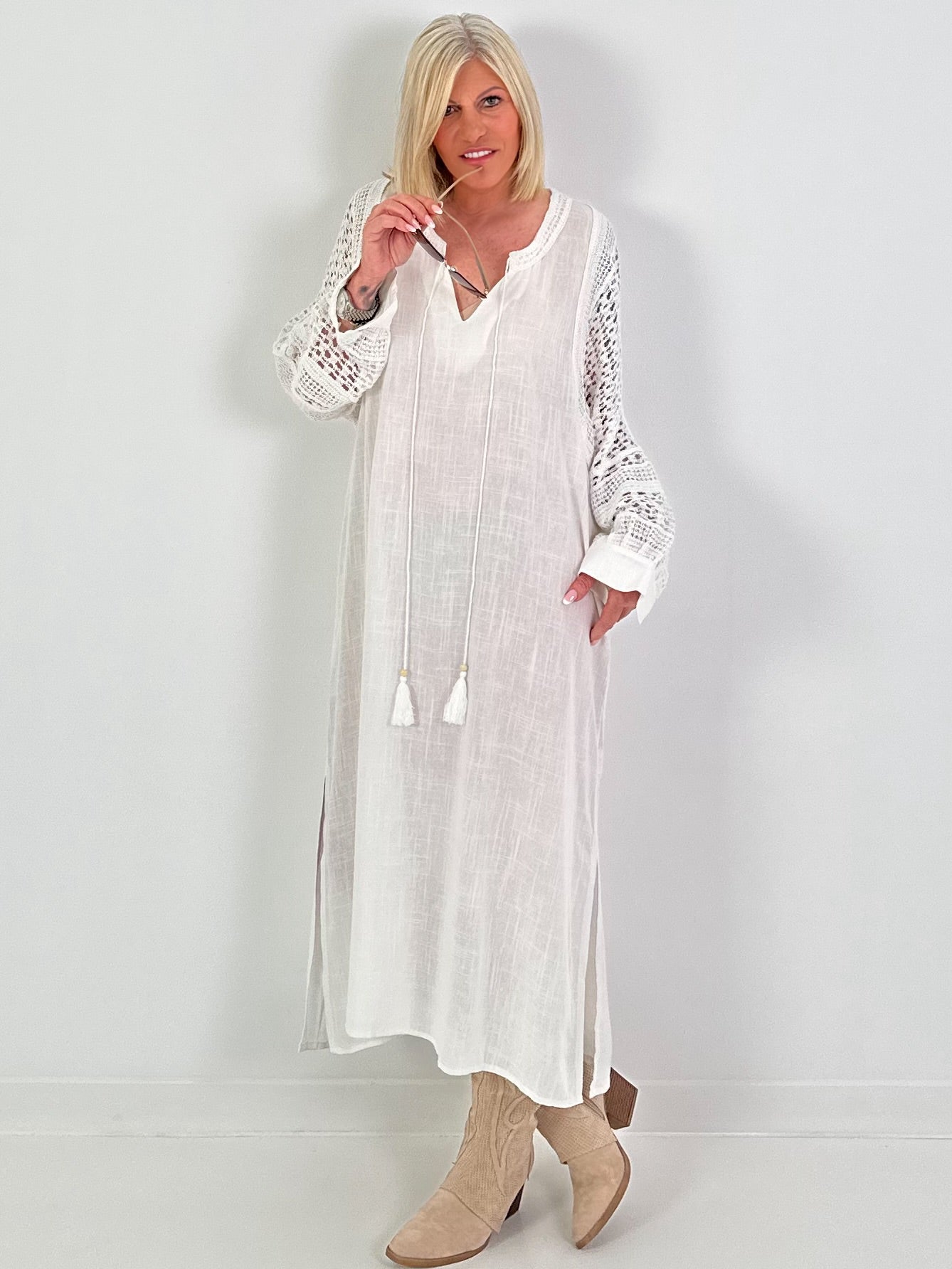 Linen Dress with Crochet Inserts - White