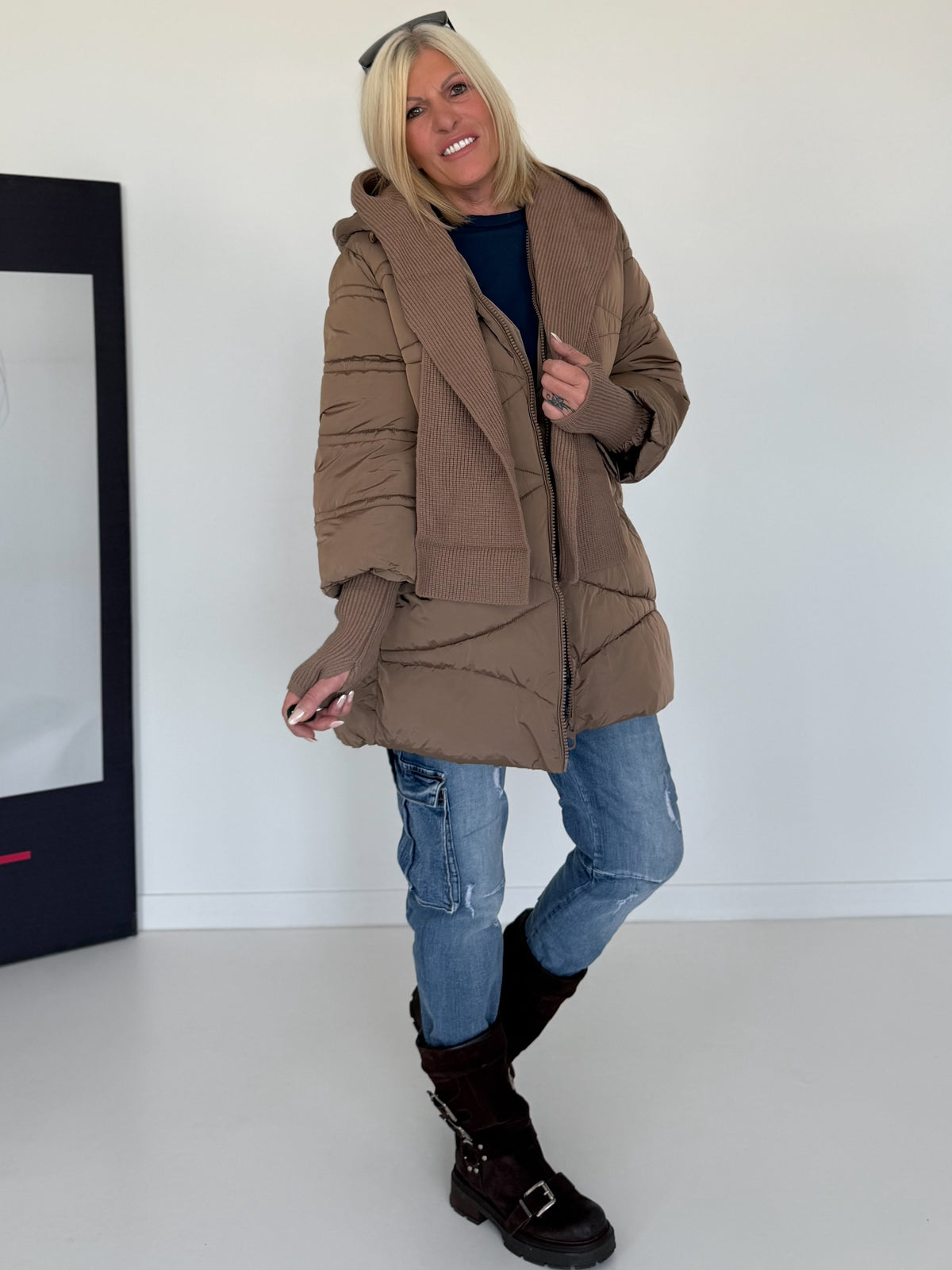 Winterjacke 2 Looks mit Stulpenärmeln und abnehmbarem Strickeinsatz - taupe