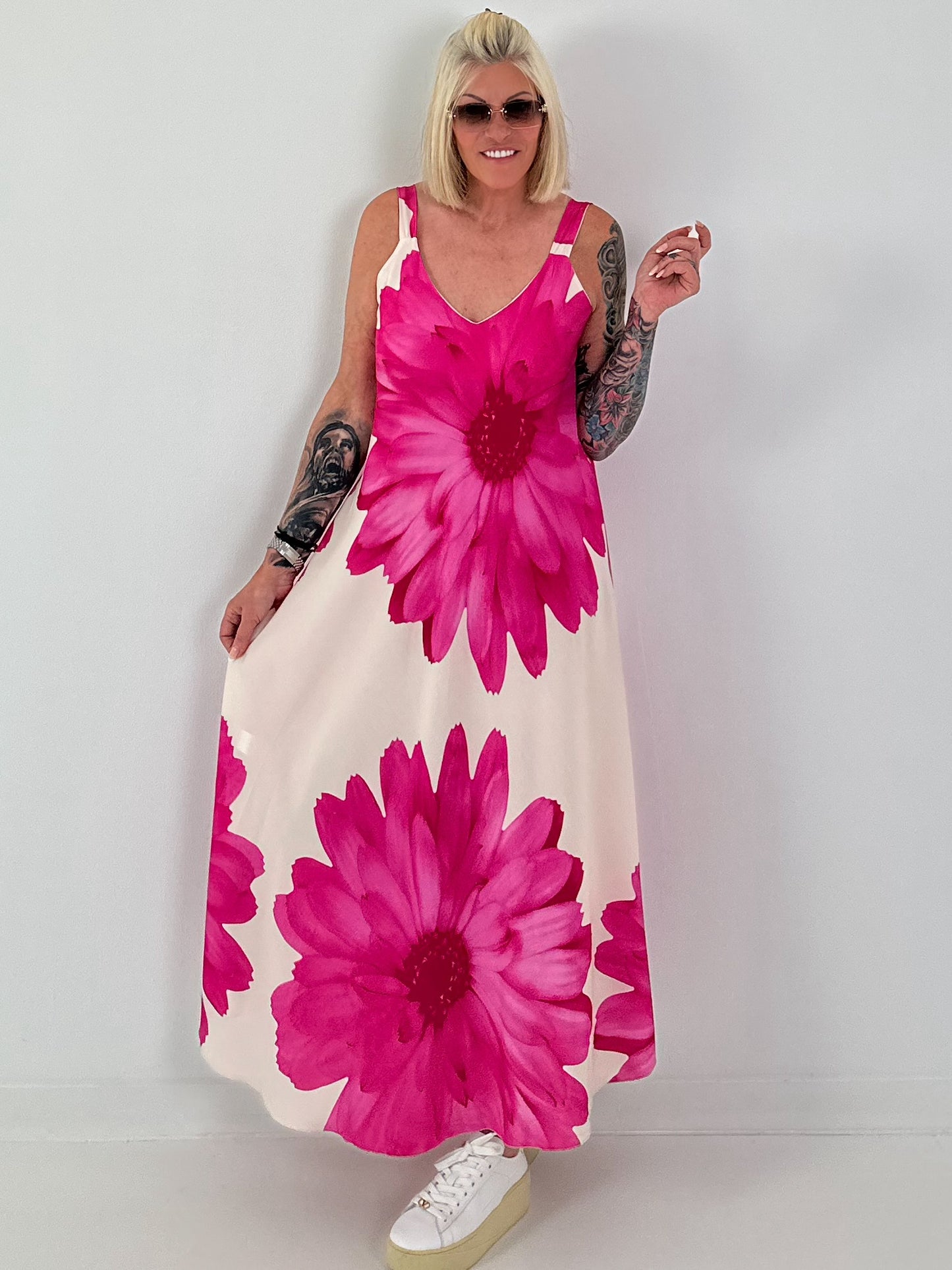 Kleid mit floralem Print - creme -pink