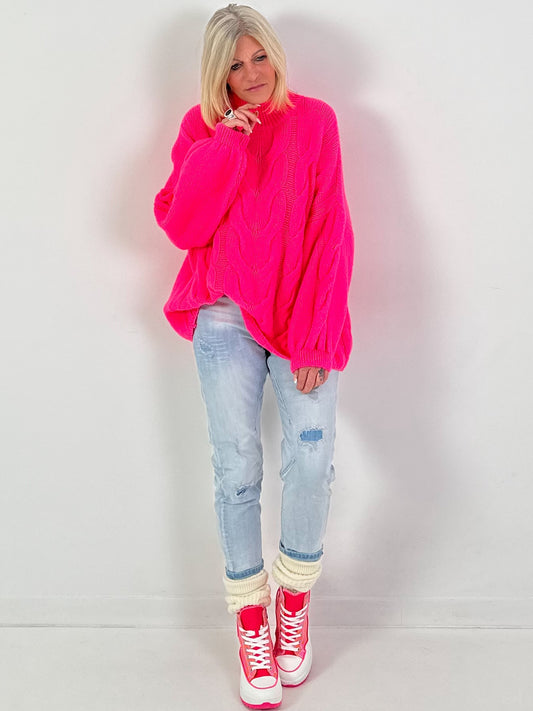 Lässiger Pullover mit Zopfmuster Modell "Pure Cable" - neonpink