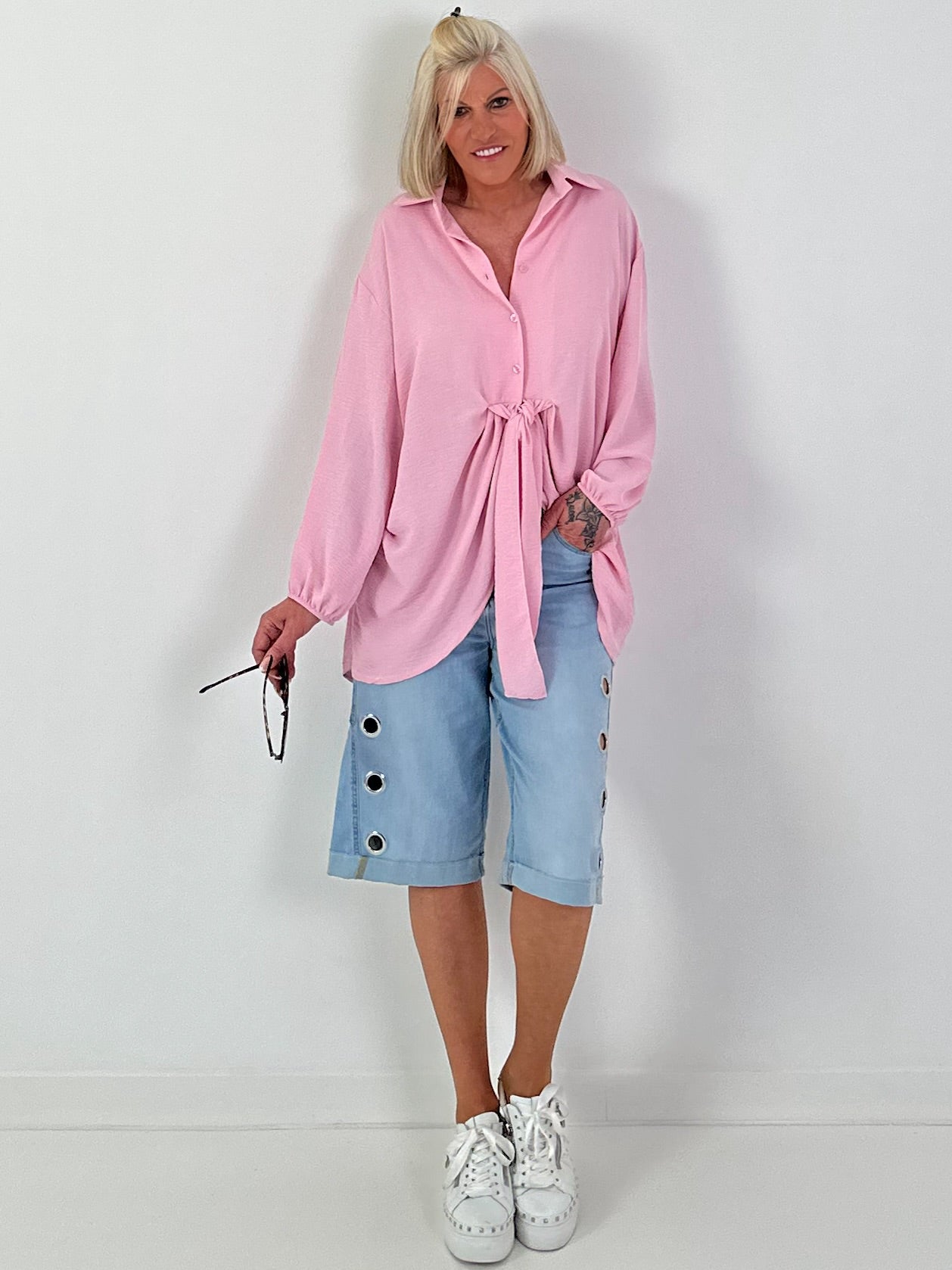 Long blouse with tie — pink