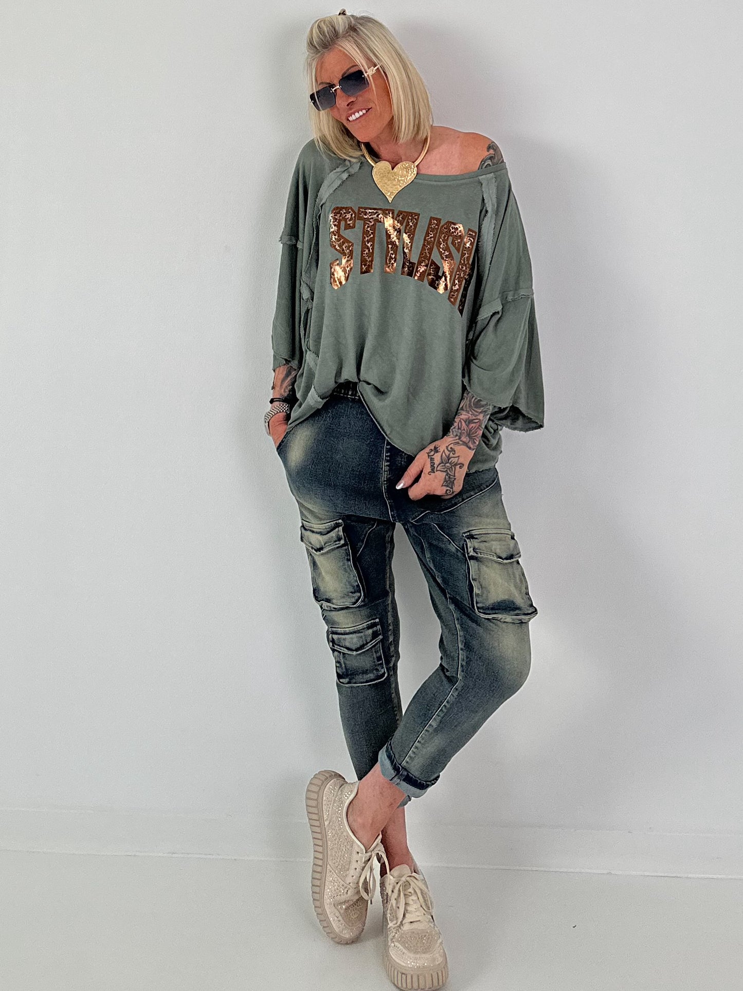 Strick Shirt mit Leo-Print - salbei