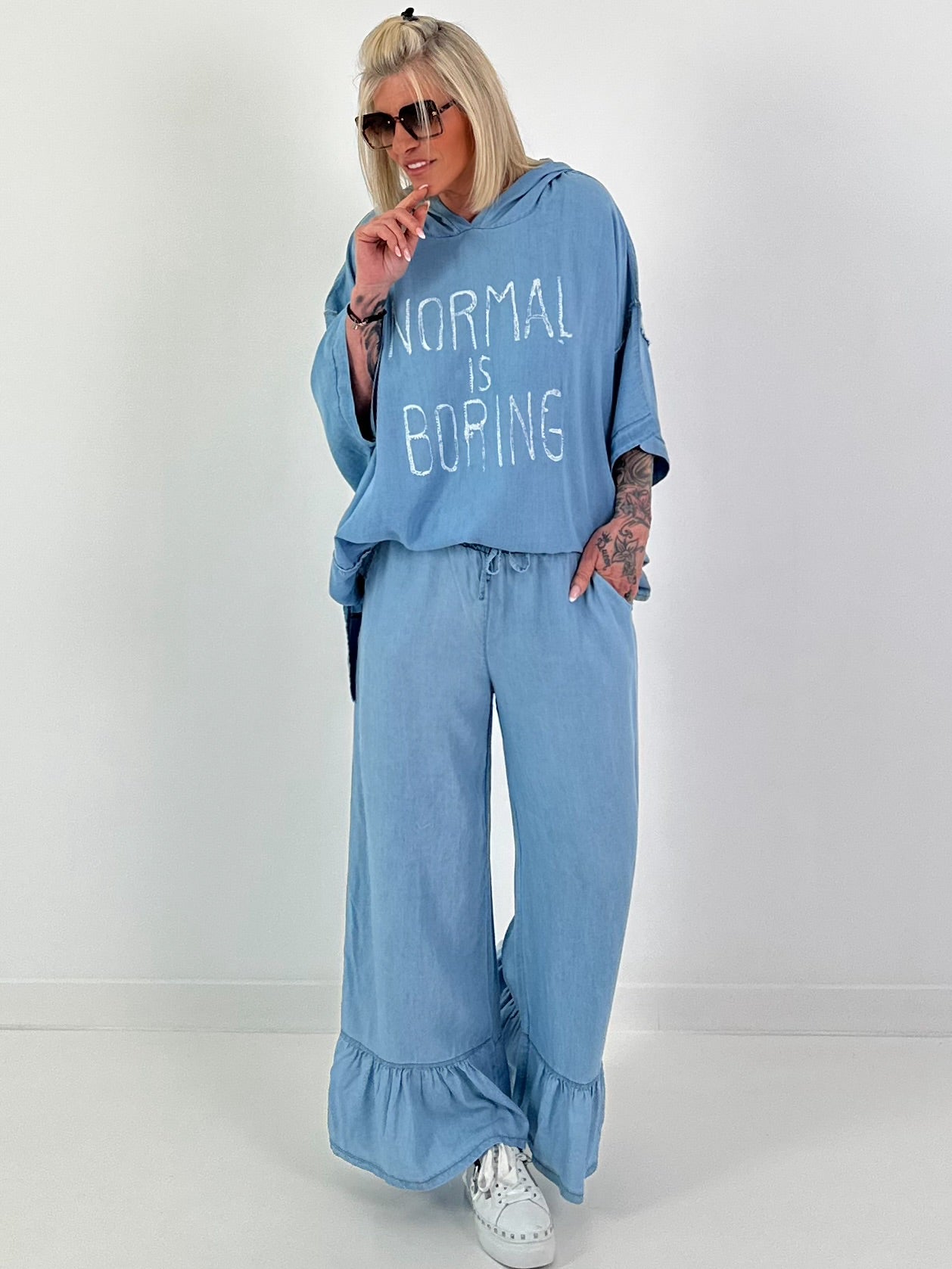 Oversized Hooded Denim Shirt - Light Blue