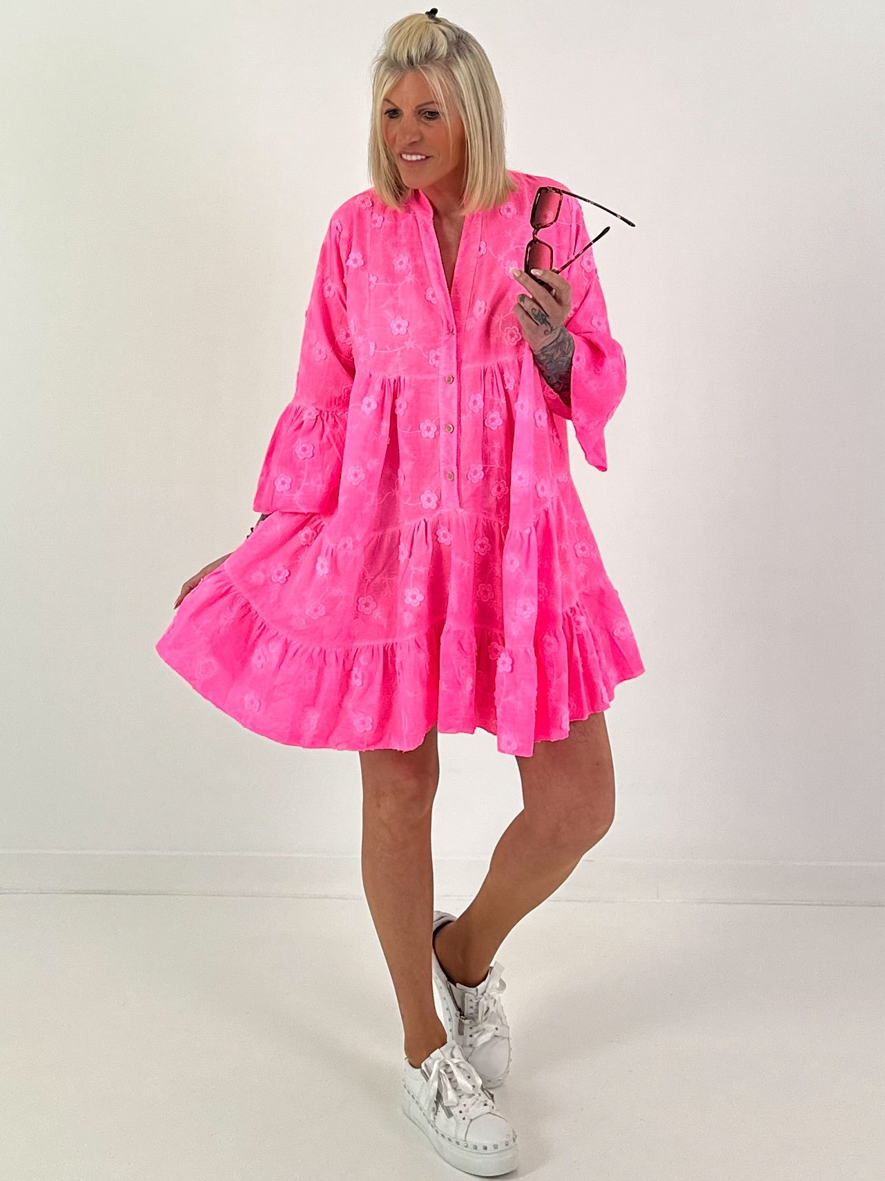 Tunic/dress with floral pattern - neon pink
