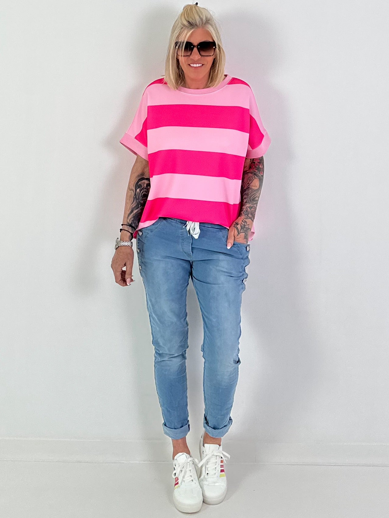 Sweat T-Shirt mit Streifen - pink-rosa