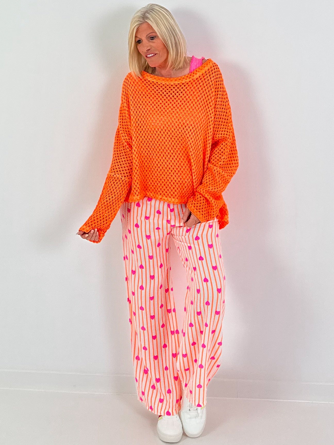 Musselin Hose mit Streifen - neonorange-weiss-pink