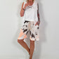Leinen Short mit Batik Muster - weiss-neonorange-dunkelbraun