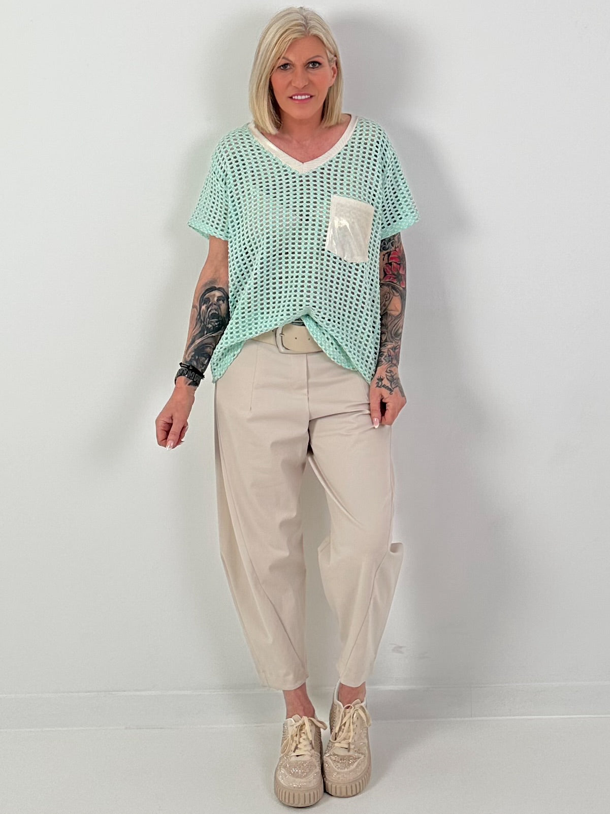 Häkelshirt mit V-Ausschnitt - mint