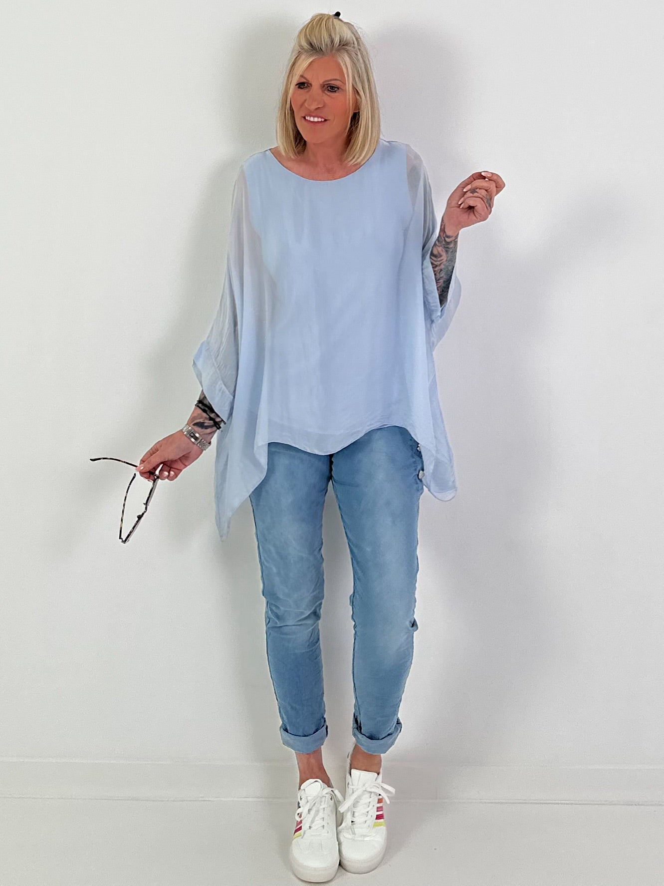Silk Tunic with Integrated Under Top - Light Blue