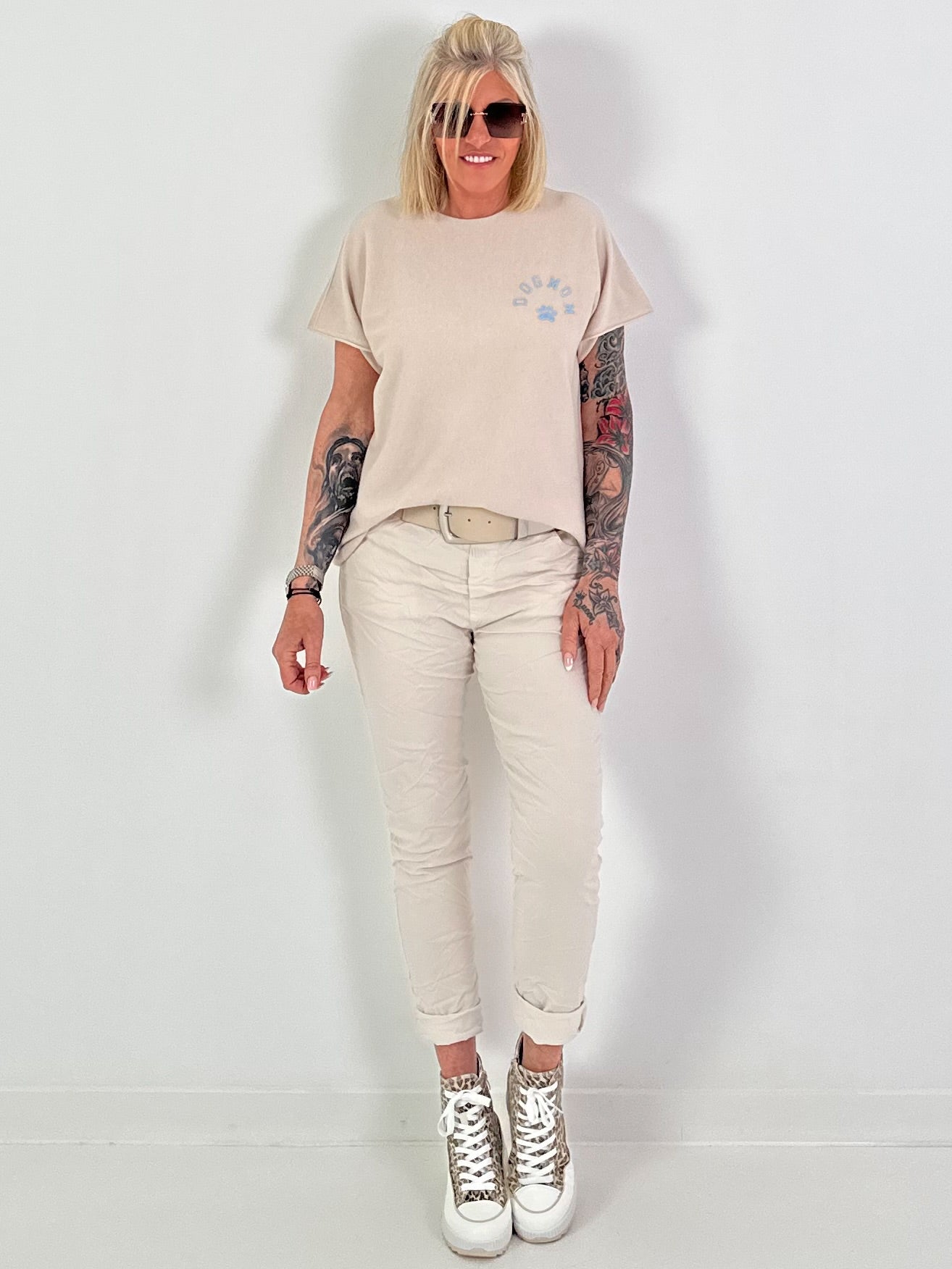 Fine Knit Dog Mom Shirt - Beige