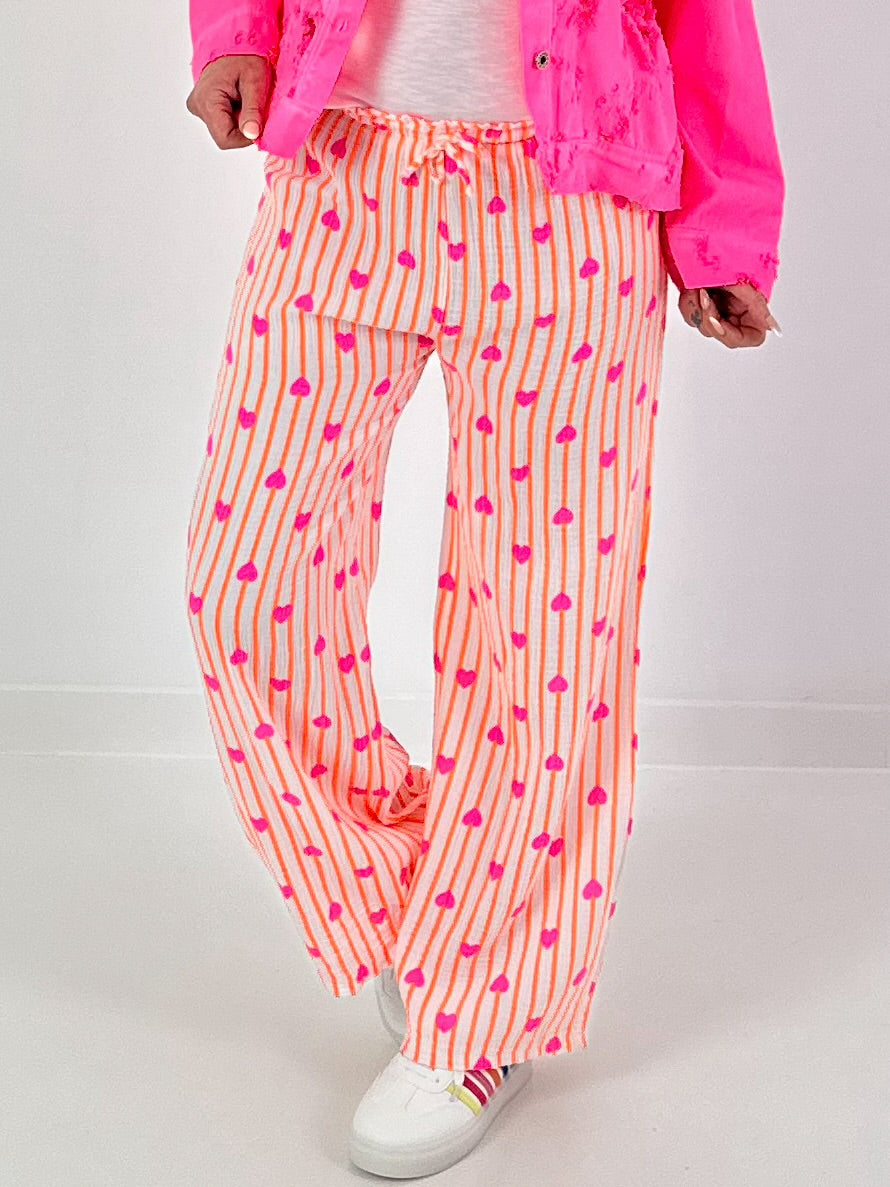Musselin Hose mit Streifen - neonorange-weiss-pink